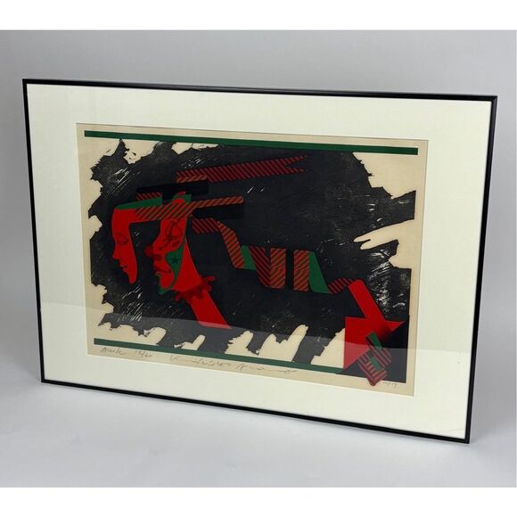 Vtg 1977 Mask Wood Block Print Japanese Kunihiro Amano Signed Numbered Framed - Picture 13 of 16